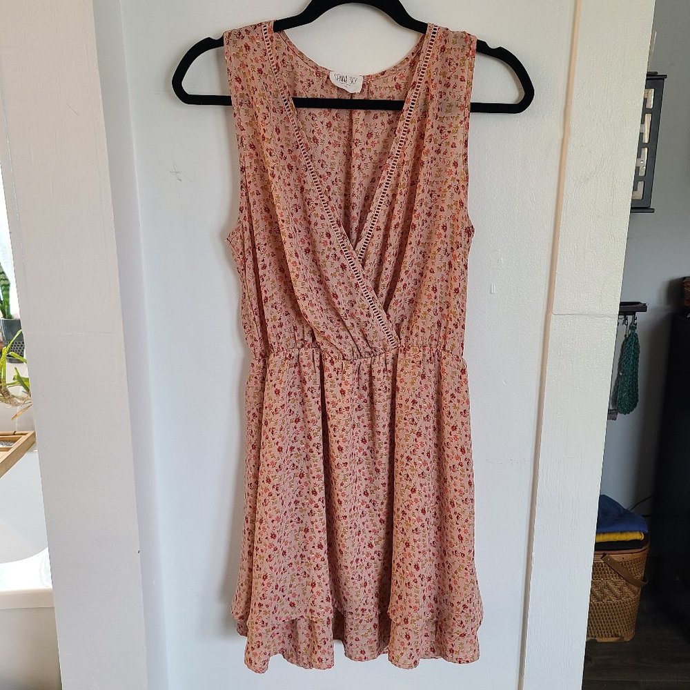 Peach Mini Dress with Pink Floral Print and Cutout Edge Detail